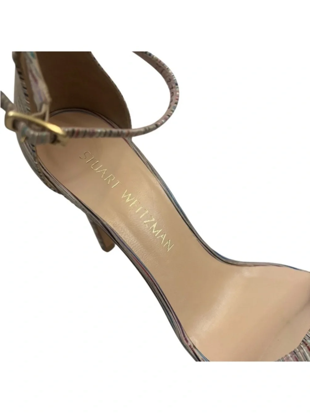 Stuart Weitzman Nudistsong Bisque Prism Sexy Stiletto striped high heels  7 1/2 - Picture 3 of 16